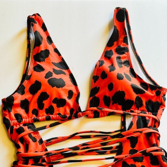 Leopard Print Plunging V-Neck Lace Up Swimsuit Small Red Orange Animal High Cut - Picture 4 of 14